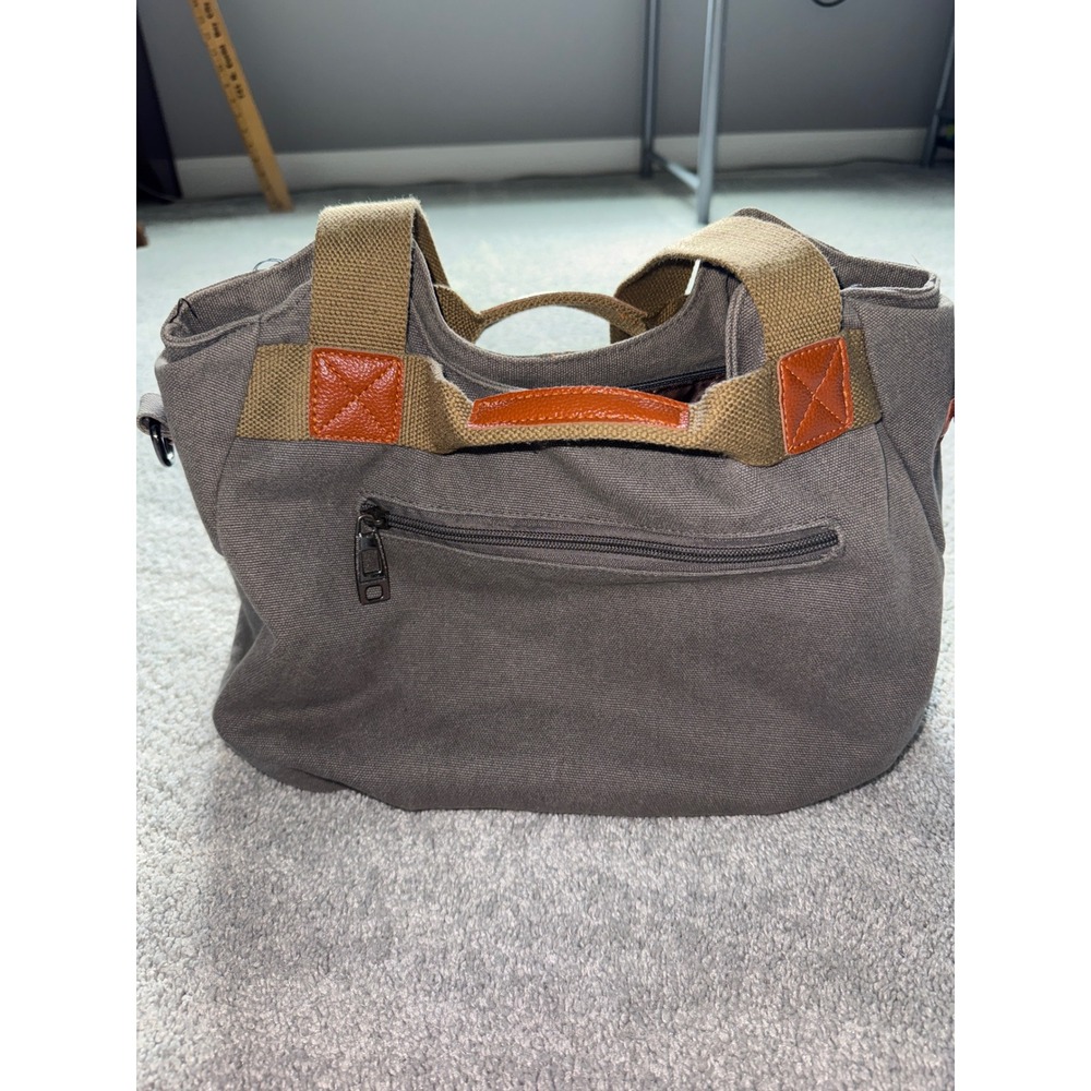 Gray Canvas Multi-Pocket Tote Bag Tan Webbing Straps Faux Leather Accents